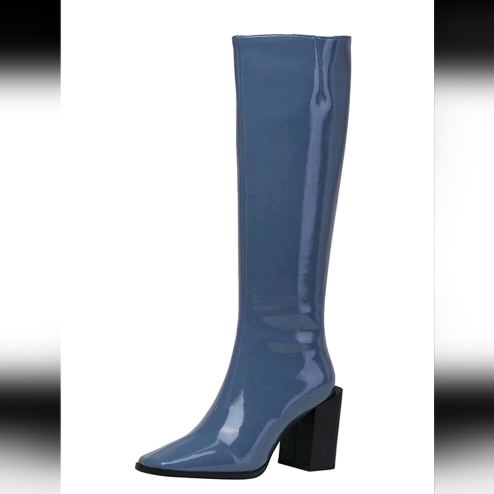 Square Toe Knee High Boots,Autumn/Winter New Patent Leather Equestrian Boots - Picture 2 of 3